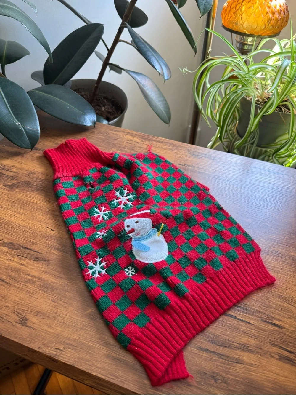 Red & Green Checkered Holiday Dog Sweater with Snowman KYEESE Wear L